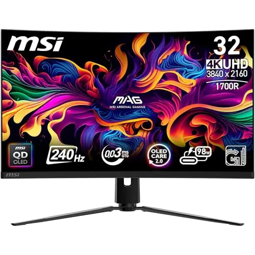 MSI MPG 321CURX QD-OLED 32 Zoll Gaming Monitor - Curved 4K-Gaming-Monitor mit 240 Hz Bildwiederholfrequenz und 0,03 ms Reaktionszeit für flüssiges Gameplay und beeindruckende Kontraste dank OLED-Display.