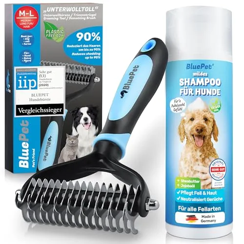 BluePet Shampoo + Hundebürste Unterwolle langhaar & Katzenbürste langhaar I Unterwollkamm entfernt Unterwolle & Verfilzungen I Deckhaarschutz & Knoten Entfernen I Unterfellbürste für Fellwechsel