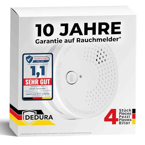 dedura Rauchmelder mit 10 Jahren Garantie - Zertifizierter Rauchmelder nach DIN EN14604, bietet akustischen Alarm mit 85 dB und lange Lebensdauer dank 9V Batterie. Ideal für sichere Innenräume.