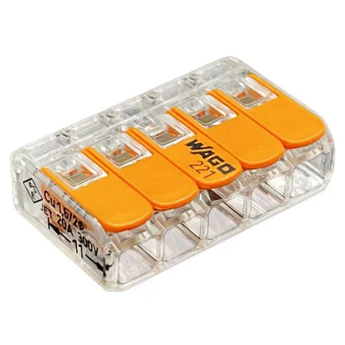 WAGO 221-615 - 5-Leiter Verbindungsklemme, 6 mm², werkzeuglos, platzsparendes Design für einfache und schnelle Verdrahtung