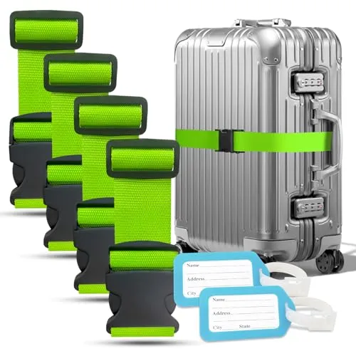 YORFULL Koffergurt 4 Stück, Kofferband Auffällig mit 2 Etiketten, Verstellbare Kofferband Gurt, Sicheres Gürtel-Zubehör-Set für Reisetasche, Mehrfarbige Luggage Strap, 180 cm Länge