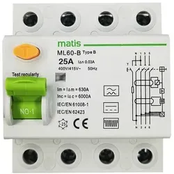 FI Schutzschalter TYP B 25A / 30mA, 4-Pol - Allstromsensitiv - FI-Schutzschalter für Wallboxen, erkennt auch DC-Fehlerströme, hohe Ausschaltkapazität bis 10 KA, inklusive Schutzabdeckung und Anzeigefenster für Sicherheit.