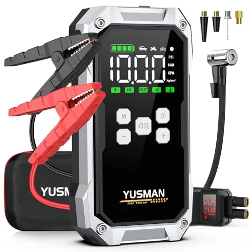 YUSMAN Starthilfe Powerbank mit Kompressor | 7000A für Benzin- und Dieselautos - Starthilfegeräte für Autobatterien – 4-in-1 Lösung mit 7000A Spitzenstrom, 150PSI Luftkompressor, LED-Taschenlampe und Powerbank. Ideal für Notfälle und Roadtrips, sicher und platzsparend im Kofferraum.