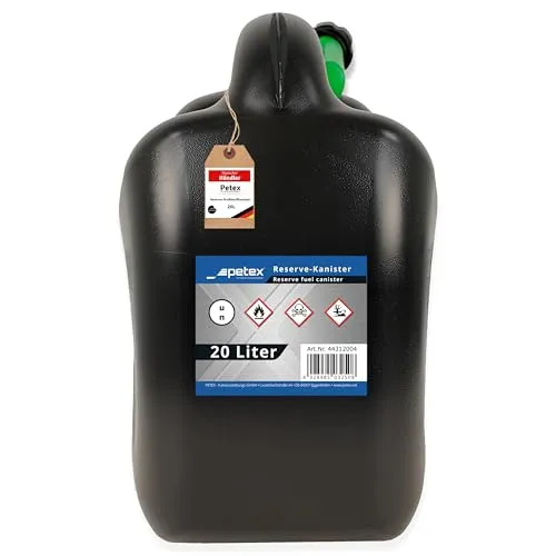 PETEX 20 Liter Kraftstoffkanister, schwarz - Robuster 20 Liter Reservekanister aus HDPE, UN-zugelassen für den sicheren Transport. Mit flexiblem Auslaufrohr und Markierungsstift für die Kraftstoffsorte – ideal für unterwegs.