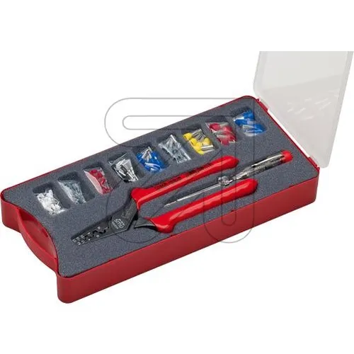 NWS 143-BIS Crimp-Set 152-teilig - Zangen-Set mit Aderendhülsen-Zange, einem umfangreichen Sortiment an Hülsen und einem Phasenprüfer, alles in einer praktischen Kunststoffbox für eine einfache Installation.