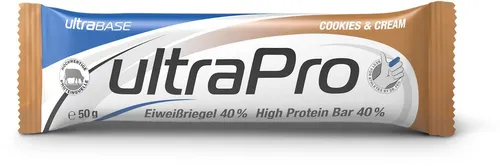 Ultra Sports Ultra Pro Eiweissriegel 24 Riegel 50g - Energieriegel & Getränke, ideal für Fitness-Enthusiasten. Der leckere Cookies & Cream Riegel unterstützt die Ausdauer nach dem Training.