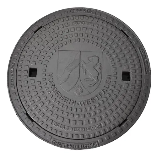 HYDROTEC Schachtabdeckung Länderwappen B125 Nordrhein-Westfalen - Gartenentwässerung mit robuster Vollgussdeckel und Beton-Guss-Rahmen, ideal für PKW-Befahrbarkeit (B125), ohne Ventilation und nur 125 mm Bauhöhe.