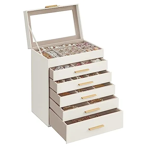 SONGMICS GISELLA Kollektion - Schmuckkästchen, Schmuckkasten mit 6 Ebenen, Schmuckbox mit Glasdeckel, 5 Schubladen, für Sonnenbrillen, Schmuckaufbewahrung, modern, wolkenweiß-golden JBC171W01