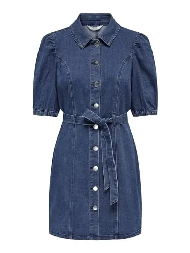 ONLY Damen Onlvibbe Ss Belt DNM Dress MBD Noos – Jeanskleid in Medium Blue Denim - Freizeitkleid für Damen mit elastischen Bündchen und lässigem Gürtel in der Taille, ideal für einen stylishen Freizeitlook.