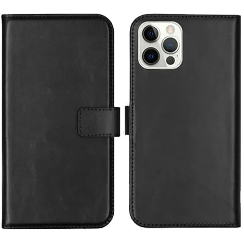 SELENCIA Bookcase Hülle kompatibel mit iPhone 12 Pro, iPhone 12 – Era Leder Handytasche Side Flip Case – Handyhülle aus Rindsleder in Schwarz [3 Kartenfächer, Magnetverschluss]