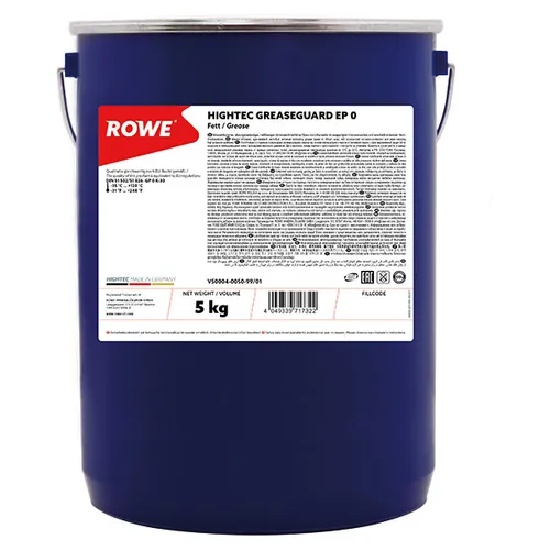ROWE HIGHTEC GREASEGUARD EP 0 Schmierfett 5 kg - Hochbelastbares Universalschmierfett, ideal für geschlossene Getriebe und Zentralschmieranlagen. Für den Einsatz in Agrar- und Baumaschinen geeignet, bietet es zuverlässige Schmierung bei extremen Temperaturen von -35 bis +120 °C.