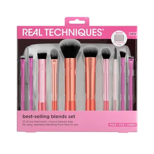 Real Techniques Best Selling Blends Set Pinselset - 11-teiliges Pinselset für die perfekte Make-up-Anwendung, inklusive praktischer Kosmetiktasche. Ideal für professionelle Looks zu Hause oder unterwegs – für strahlende Ergebnisse!