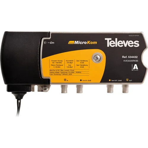 Televes KVE3035RK85 BK-Verstärker - Hausanschlussverstärker für CATV/BK-Netze mit flexibler Verstärkung bis 35 dB und DOCSIS 3.1-kompatibel für optimales TV-Erlebnis.