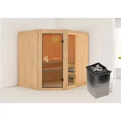 Karibu Sauna Innensauna Fiona 2 - 9 kW Ofen mit Eckeinstieg - Sauna für entspannende Wellnessmomente, 68mm starke Wände für optimale Wärmespeicherung, inklusive bronziertem Fenster und 2 Bänken aus Espe für höchsten Komfort.