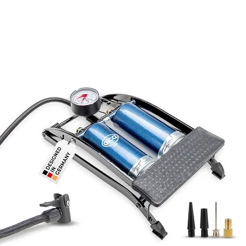 Alca Hochleistungs-Fußpumpe mit Manometer - Fußpumpen für vielseitige Anwendungen, 7 bar Druck und Doppel-Zylinder für schnelles Aufpumpen von Reifen, Bällen und mehr.
