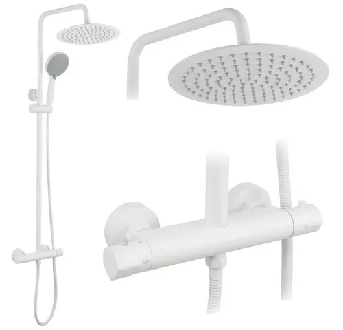 Duschset Lungo Weiß Matt mit Thermostat - Das Duschset Lungo in Mattweiß vereint modernes Design mit Funktionalität. Der präzise Thermostat sorgt für konstant angenehme Wassertemperatur, während die hochwertige Beschichtung die Reinigung erleichtert. Ideal für stilvolle Badezimmer.