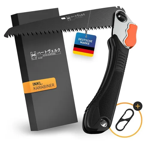 Hardtwerk® Klappsäge mit Safety Lock (210mm) - Robuste Astsäge für Garten & Outdoor - Astsägen für Gartenarbeiten, mit Sicherheitsarretierung und 3D-Verzahnung für müheloses Durchtrennen von Holz. Kompakt und immer griffbereit dank S-Karabiner.
