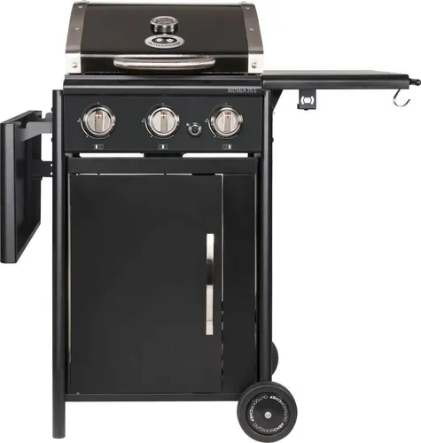 Gasgrillstation Australia 315 G - Schwarz - Grillsystem mit 3 Edelstahlbrennern und elektrischer Zündung, ideal für perfekt gegrillte Speisen. Abklappbare Seitenablagen und integriertes Thermometer bieten zusätzlichen Komfort.