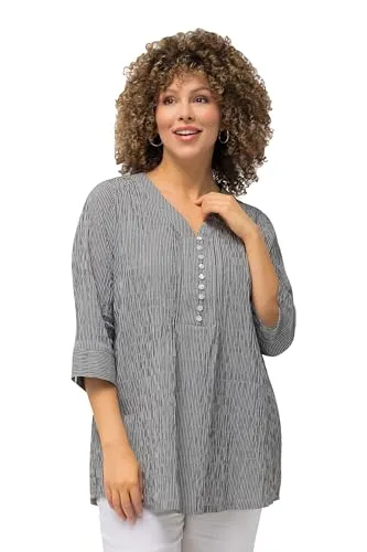 Ulla Popken Damen Plus Size Tunika - Blusen & Tuniken für Damen, modische Streifen in pflegeleichter Bubble-Qualität mit Biesen und 3/4-Ärmeln für einen eleganten Look.