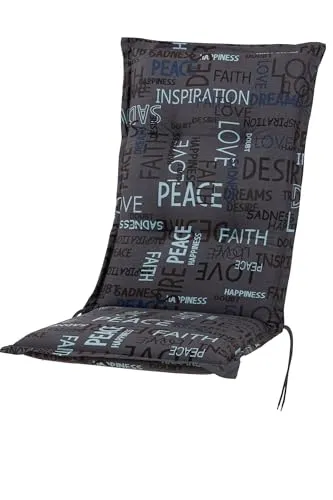 KETTtex Hochlehnerauflage Florence 0575 anthrazit - Gartenstuhlauflage für Hochlehner mit verstellbarem Halteband, 100% Baumwolle, komfortable 8 cm Dicke und stilvolles Design in anthrazit mit Schrift.