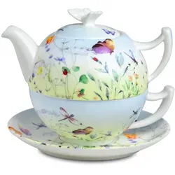 TeaLogic Tea for One Teeservice PAPILLON - Bone China - Charmantes 4-teiliges Tea for One Teeservice aus hochwertigem Bone China. Mit 500 ml Teekanne und buntem Blumenwiesen-Design, ideal für entspannte Teemomente oder als stilvolles Geschenk.