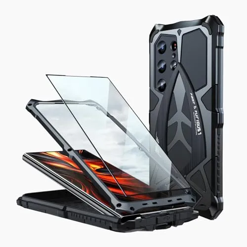 CeeDoo Samsung S24 Ultra 5G Hülle Metall Silikon Handyhülle mit Schrauben Stoßfest Outdoor Case Cover Schwarz