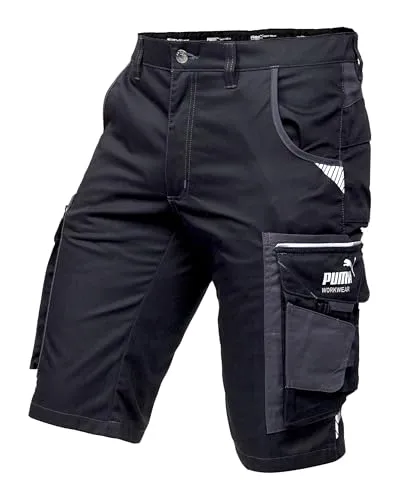 Puma-Workwear Precision X Arbeitshose für Herren, schwarz, Größe 48 - Arbeitsshorts mit 2 Cargotaschen und Reflektoren für optimale Sichtbarkeit, ideal für Handwerk und Bau.