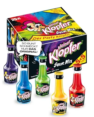 Kleiner Klopfer Sour Mix | 25 fruchtige Liköre - Liköre in 5 Geschmacksrichtungen, ideal für jede Feier! Bunte 20ml Fläschchen sorgen für gute Laune und sind ein echter Hingucker.