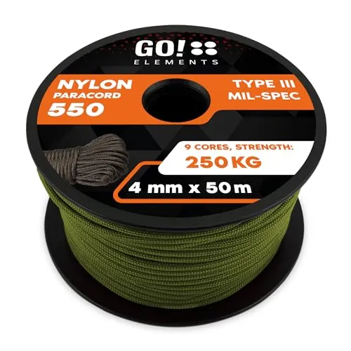 GO!elements Paracord 550 - 4mm Abspannleine - Camping-Zubehör, reißfeste Nylonschnur in Oliv für vielseitige Einsatzmöglichkeiten, ideal für Outdoor-Aktivitäten und Camping