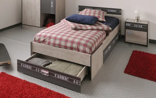 Parisot Fabric 3 Bett mit Schubkästen - Modernes Einzelbett in Esche-grau mit 3 praktischen Schubkästen für zusätzlichen Stauraum, ideal für kleine Räume.