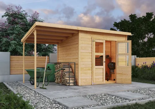 KONIFERA Gartenhaus Akamaru 4 mit Anbaudach, 390x236 cm - Robustes Gartenhaus aus 14 mm starken Wandbrettern, einfach im Aufbau. Mit praktischer Tür und großzügigen Lichtausschnitten für viel Tageslicht. Ideal für die Aufbewahrung von Gartenutensilien.