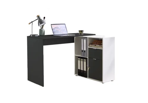 BMG Möbel Eckschreibtisch LENI - Eckschreibtisch in modernem Anthrazit-Weiß, mit abschließbarer Tür und vielfältigen Ablageflächen, ideal für Home Office oder kleine Büros. Spiegelverkehrt montierbar.