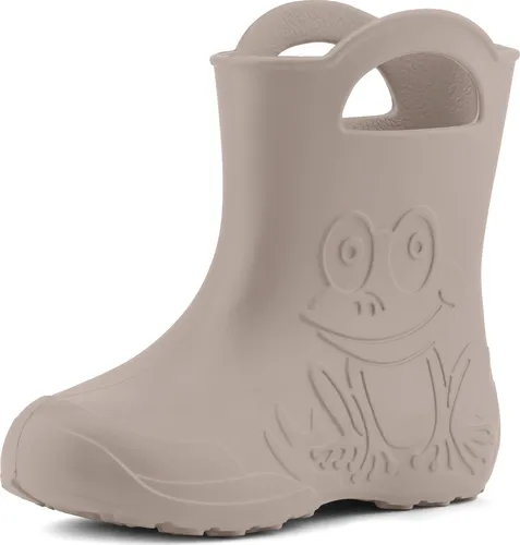 Ladeheid Eva Kinder Gummistiefel LA-CA-01 Hellbeige 32/33 - Leichte und elastische Gummistiefel für Kinder mit Frosch-Motiv. Wasserdicht und langlebig, ideal für regnerische Tage. Praktische Griffe erleichtern das Anziehen, Anti-Rutsch-Sohle sorgt für sicheren Halt.