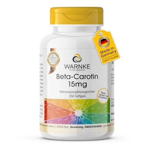 Beta-Carotin 15mg - 250 Softgels - 15mg pro Softgel (entspricht 25.000 I.E.) - Provitamin A - HOCHDOSIERT - Deutsche Apothekenqualität | Warnke Vitalstoffe