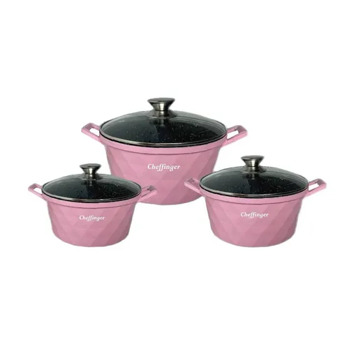 Cheffinger Kochtopfset Diamant 6-teilig - Kochtöpfe aus Aluminium-Guss, induktionsgeeignet und in elegantem Rosa, ideal für moderne Küchen.