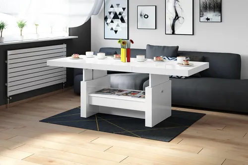 Design Couchtisch Aversa H-111 Weiß Hochglanz - Beistelltisch fürs Wohnzimmer mit höhenverstellbarem und ausziehbarem Design, ideal für flexible Nutzung und elegante Einrichtung. Praktische Schublade für zusätzlichen Stauraum.