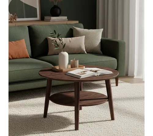 skølm Couchtisch Mjölnir aus Eiche Massivholz, Ø70 cm - Stylischer Couchtisch im skandinavischen Design aus hochwertigem Eichenholz. Mit zwei Ablagen bietet er praktischen Stauraum und wird zum eleganten Blickfang in jedem Wohnzimmer.
