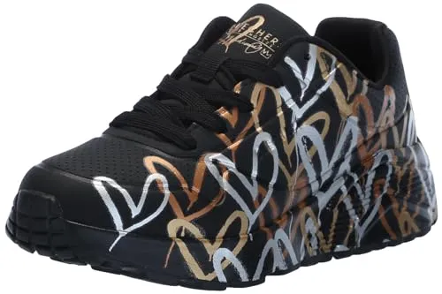 Skechers JGoldCrown Uno Lite Metallic Sneaker für Mädchen, Schwarz/Roségold - Sneaker für Mädchen mit einzigartigem Herzdesign, aus langlebigem Synthetik, ausgestattet mit Air-Cooled Memory Foam für maximalen Komfort und rutschfester Laufsohle – ideal für Schule und Freizeit.
