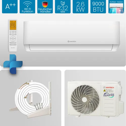 Hantech Split Klimaanlage 9.000 BTU - Smart Home fähig - Klimaanlage mit 9.000 BTU, ideal für Räume bis 35m². Genießen Sie Komfort mit Smart Home Steuerung, Selbstreinigungsfunktion und energieeffizientem R32-Kältemittel.