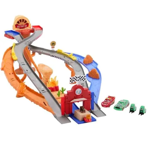 Mattel Disney Pixar Cars Spielset - Lightning McQueen & Chick Hicks - Fahrzeuge & Rennwagen für Kinder, großes Spielset mit 4 Figuren und 2 Rennmöglichkeiten für kreatives Spielen und spannende Abenteuer.