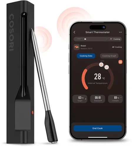 Cosori Smart Kitchen Thermometer mit Sonde – Digitales Küchenthermometer - Praktisches digitales Küchenthermometer für Kochen, Backen und Grillen. Mit Magnet, kabellosem Empfänger und Halter – ideal für präzise Temperaturmessungen bis 300 °C.