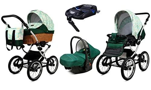 Babylux® Classic Exclusive 4in1 Kinderwagen Set | Green Daisy - Multifunktionaler Kombikinderwagen von BabyLux: tief, sportlich und als Autositz nutzbar. Mit praktischem Faltverdeck, verstellbaren Gurten und sicherem Aluminiumrahmen – ideal für alle Bedürfnisse Ihres Kindes.
