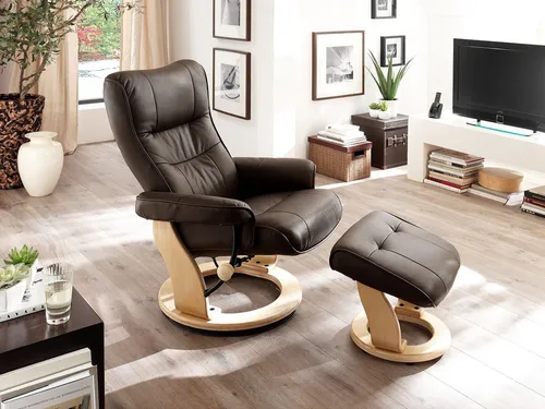 MCA Relaxsessel Montreal - Brauner Fernsehsessel mit Hocker aus Echtleder - Premium Sessel mit 360° drehbarem Hocker, belastbar bis 130 kg, individuell verstellbare Rückenlehne und dicke Polsterung für maximalen Komfort. Ideal für entspannte Fernsehabende.