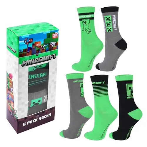 Minecraft Socken 3er Set Creeper Design für Jungen - Hochwertige Baumwollsocken im Creeper Design, 3 verschiedene Designs für Abwechslung. Elastischer Bund sorgt für optimalen Sitz und Tragekomfort. Ideal für kleine Minecraft-Fans!
