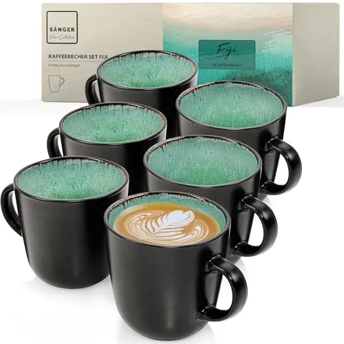 SÄNGER Fiji Kaffeebecher Set für 6 Personen - Service & Geschirrsets: 6 stilvolle, spülmaschinen- und mikrowellenfeste Kaffeebecher (430 ml) im eleganten Dunkelgrün, ideal für Kaffee, Tee und Kakao – für ein gemütliches Insel-Feeling zu Hause.