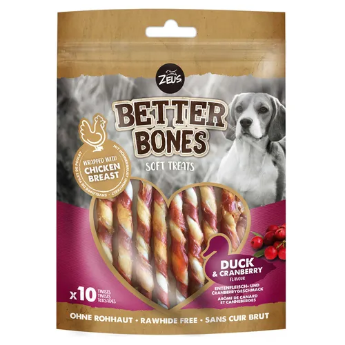 Zeus BetterBones Twists 10 Stück Enten-Cranberry Snack für Hunde ohne Rohhaut