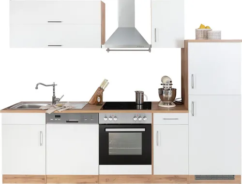 KOCHSTATION Küchenzeile KS-Colmar, 270 cm braun|weiß - Küchenzeile ohne E-Geräte, ideal für kreative Kochabende. Mit durchgehender, variabler Arbeitsplatte und Edelstahl-Einbauspüle für höchsten Komfort.