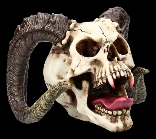 Figuren Shop GmbH Dekofigur Widder Totenkopf Statue – Gothic Schädel Figur Havok's Hellion 26 cm - Düstere Kunst von Monte M. Moore: Die Widder Totenkopf Statue "Havok's Hellion" vereint urtümliche Symbolik und moderne Fantasy-Ästhetik. Aus hochwertigem Kunststein gefertigt, beeindruckt sie durch ihre detailreiche Gestaltung und kraftvolle Präsenz.