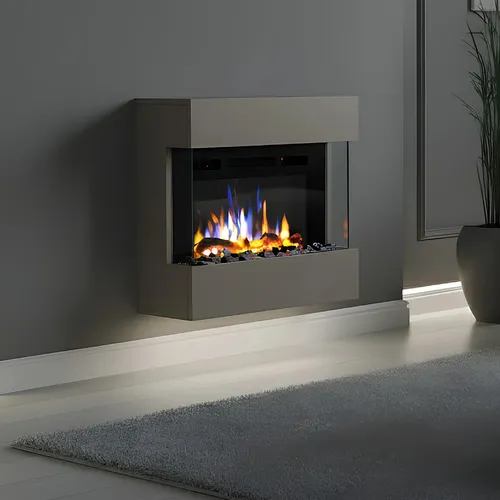 Noble Flame LIMA Wandkamin - Seidengrau mit schwarzen Acrylsteinen - Moderner Elektro-Wandkamin LIMA mit realistischem Flammeneffekt für stimmungsvolle Atmosphäre. Flexible Nutzung, Heizfunktion und einfache Steuerung machen ihn ideal für jedes Wohnambiente.