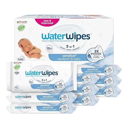 WaterWipes Feuchttücher Baby, 540 Tücher, unparfümiert - Babypflege, besonders sanfte Reinigung für empfindliche Haut, 99,9% gereinigtes Wasser, ideal für Frühchen und Allergiker, plastikfrei und dermatologisch getestet.